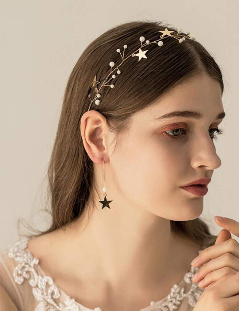 BERYUAN Sequins Pearl Star Headband Earrings Set Gold Wedding Hair Accessories Tassel Star Pendant Jewelry for Her Gift for Women Girls (Gold) - Image 4